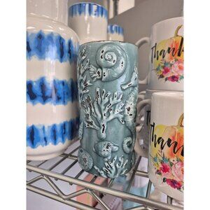 Ceramic Ocean-Themed Teal Candle Holder With Nautical Coral & Seahorse Design